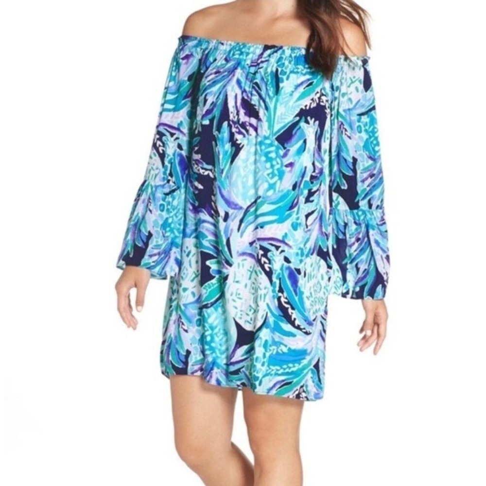 NWT Lilly Pulitzer Nevie Off the Shoulder Dress, Navy Alotta Colada, Size Small